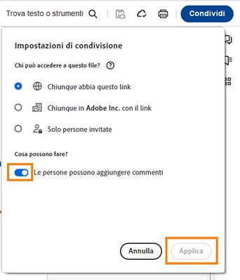 Viene visualizzata la finestra delle impostazioni di condivisione.