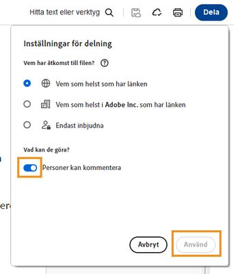 Fönstret Inställningar för delning visas.