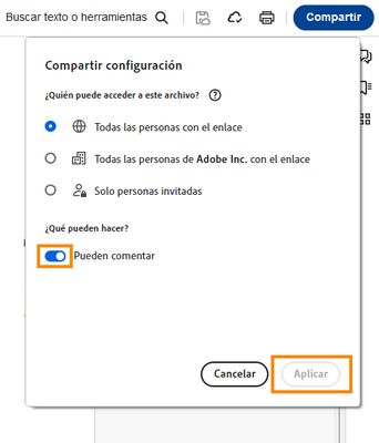 Se muestra la ventana de configuración de Compartir.