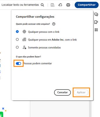 A janela de configurações de compartilhamento é exibida.