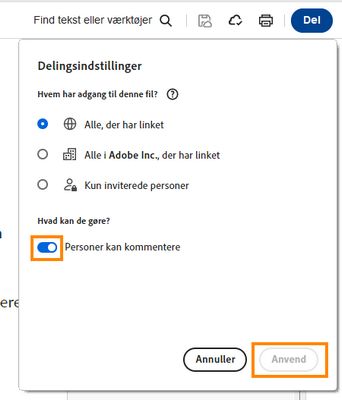 Vinduet Indstillinger for deling vises.