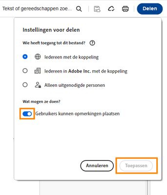 Het venster Instellingen voor delen wordt weergegeven.