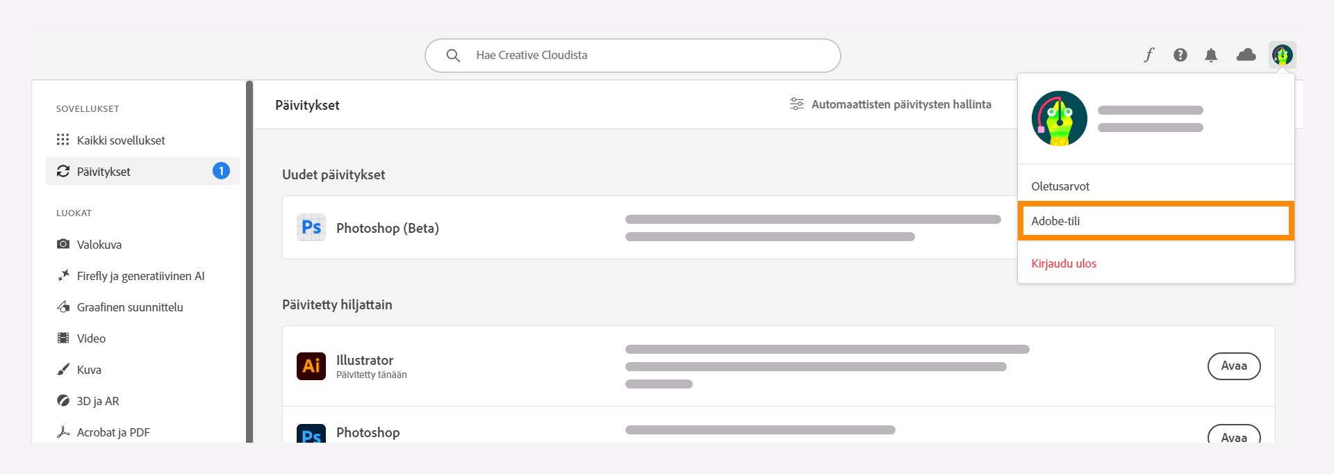 Valitse Creative Cloud -sovelluksesta Adobe-tili.
