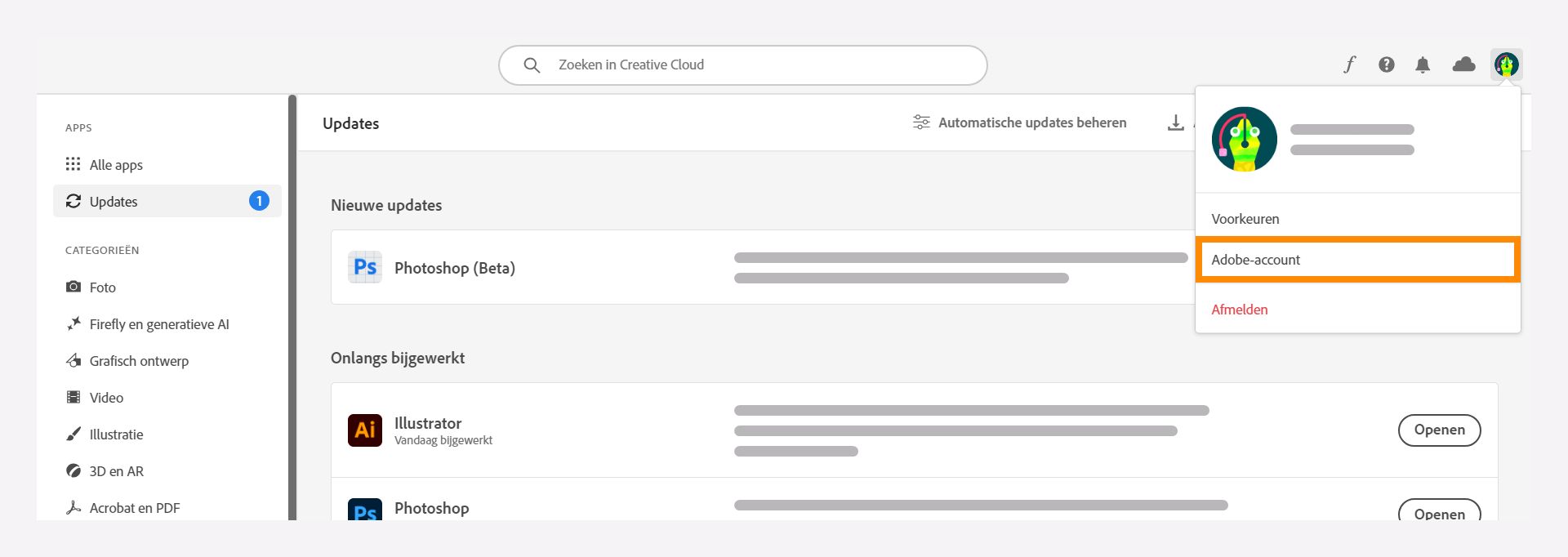 Selecteer de optie Adobe-account in de Creative Cloud-desktop-app.
