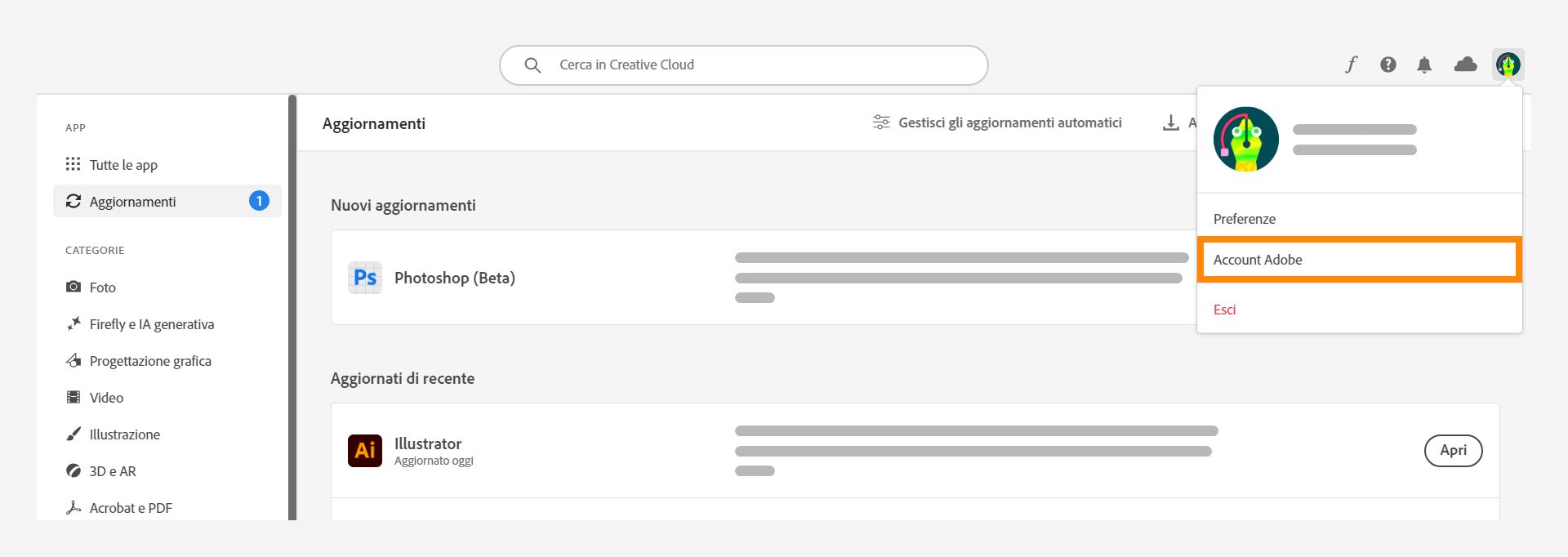 Seleziona l’opzione Account Adobe nell’app desktop Creative Cloud.