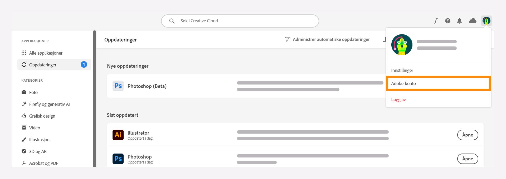 Velg alternativet Adobe-konto i Creative Cloud-skrivebordsappen.