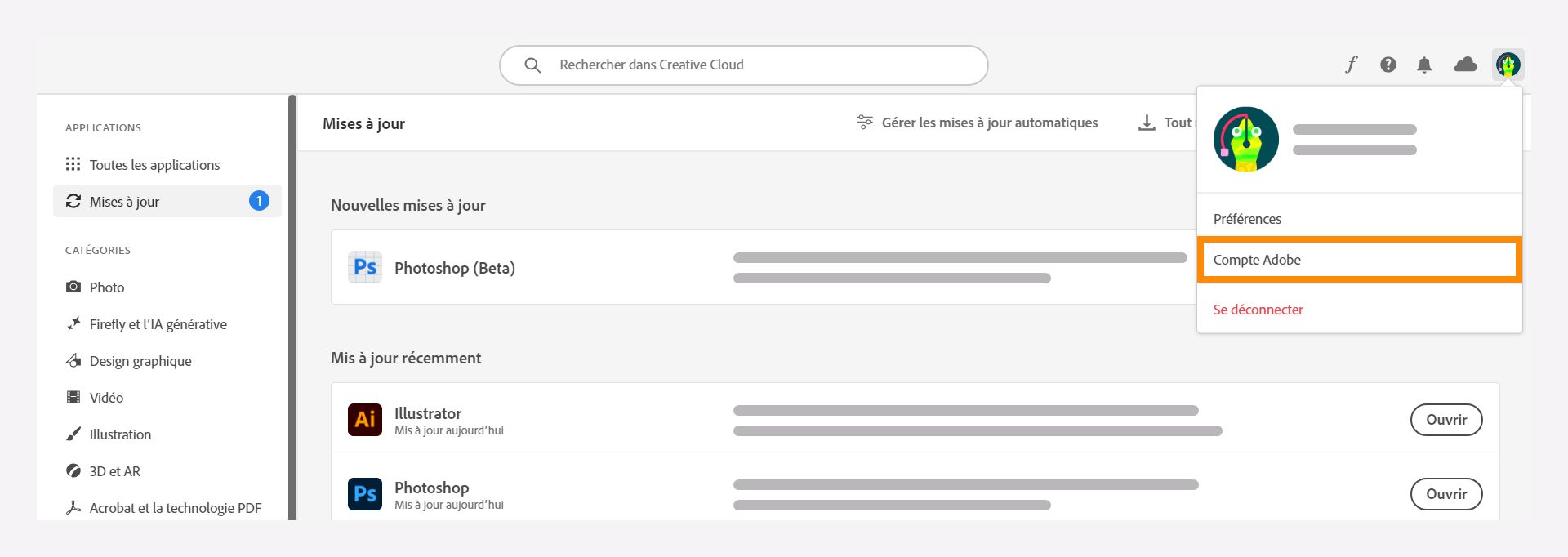 Sélectionnez l’option Compte Adobe dans l’application de bureau Creative Cloud.