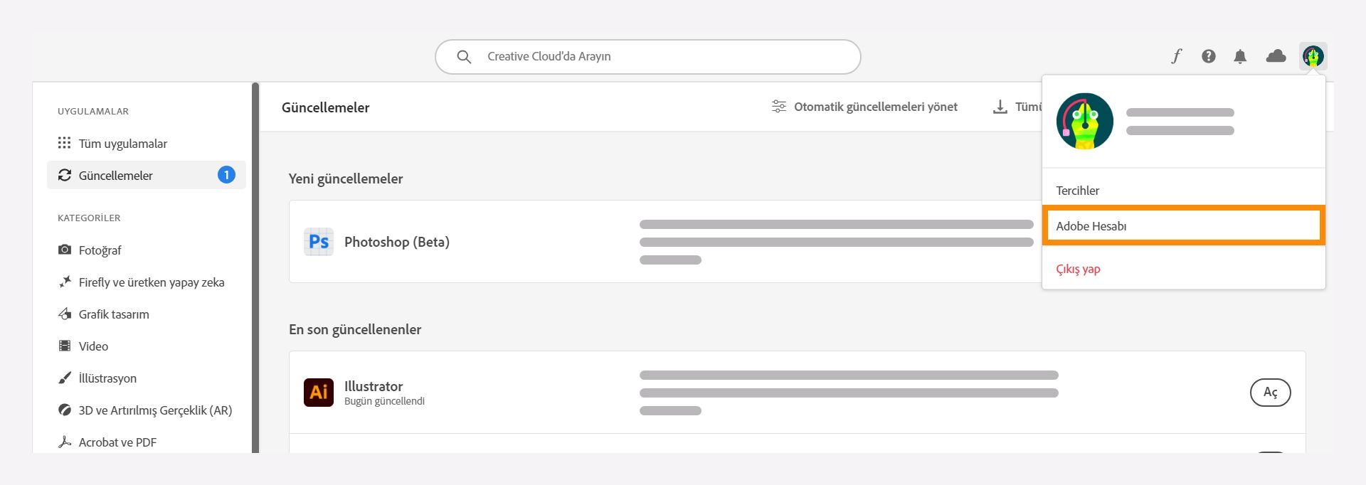 Creative Cloud masaüstü uygulamasında Adobe hesabı seçeneğini belirleyin.