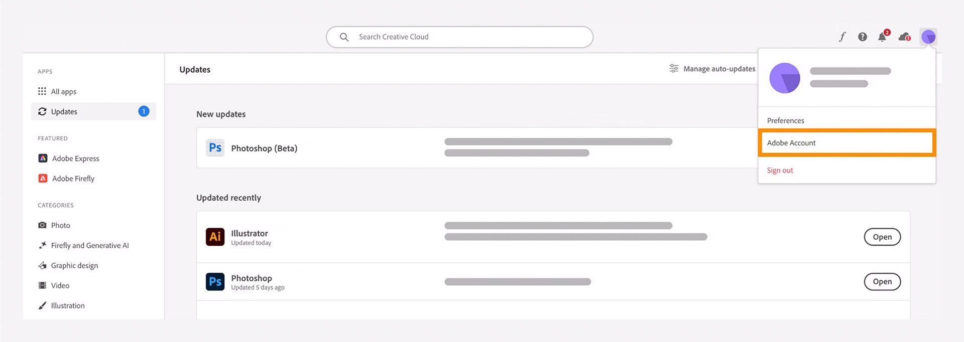 Виберіть опцію облікового запису Adobe у програмі Creative Cloud для настільних комп'ютерів.