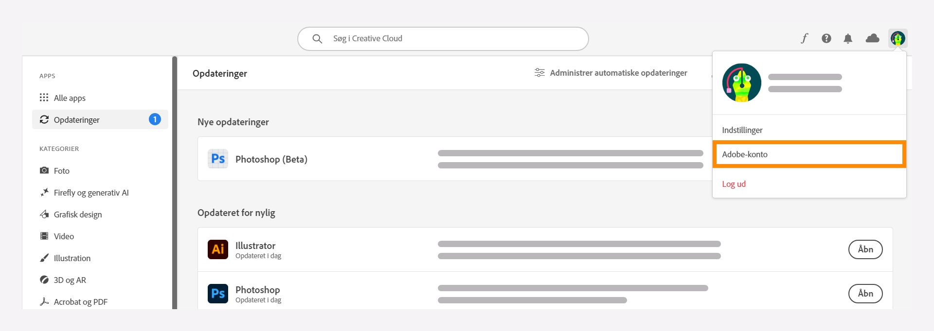 Vælg indstillingen Adobe-konto i Creative Cloud-klientprogrammet.
