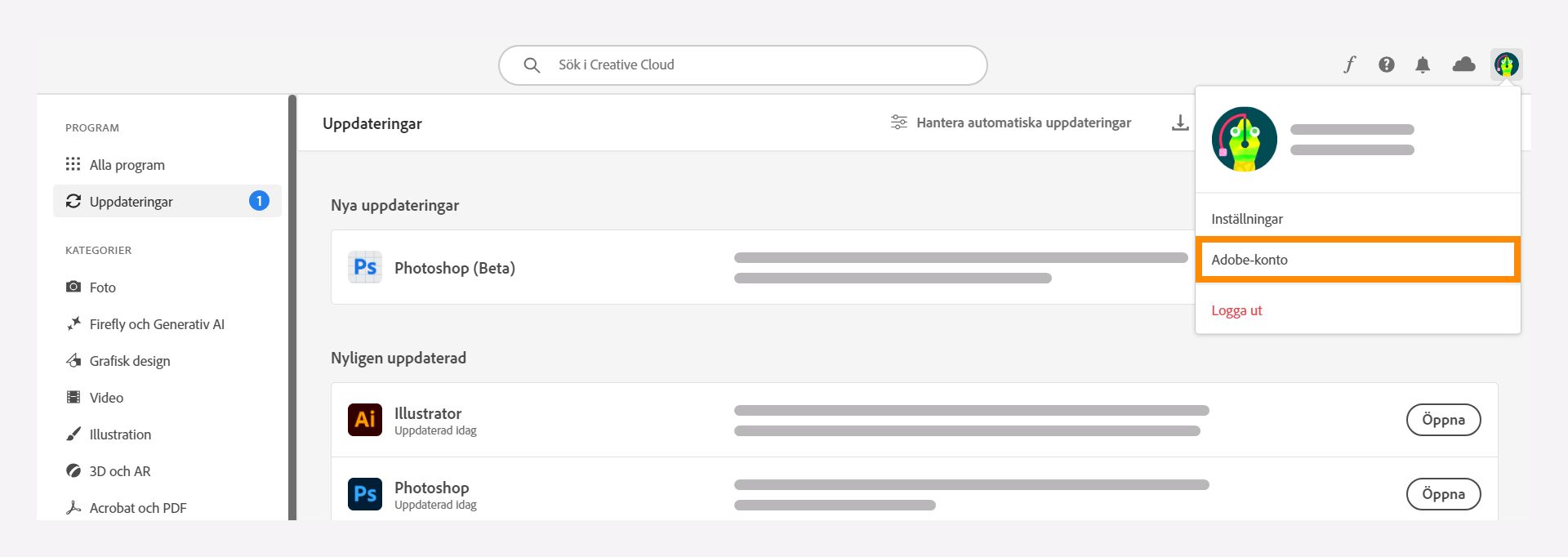 Välj alternativet Adobe-konto i Creative Cloud-datorprogram.