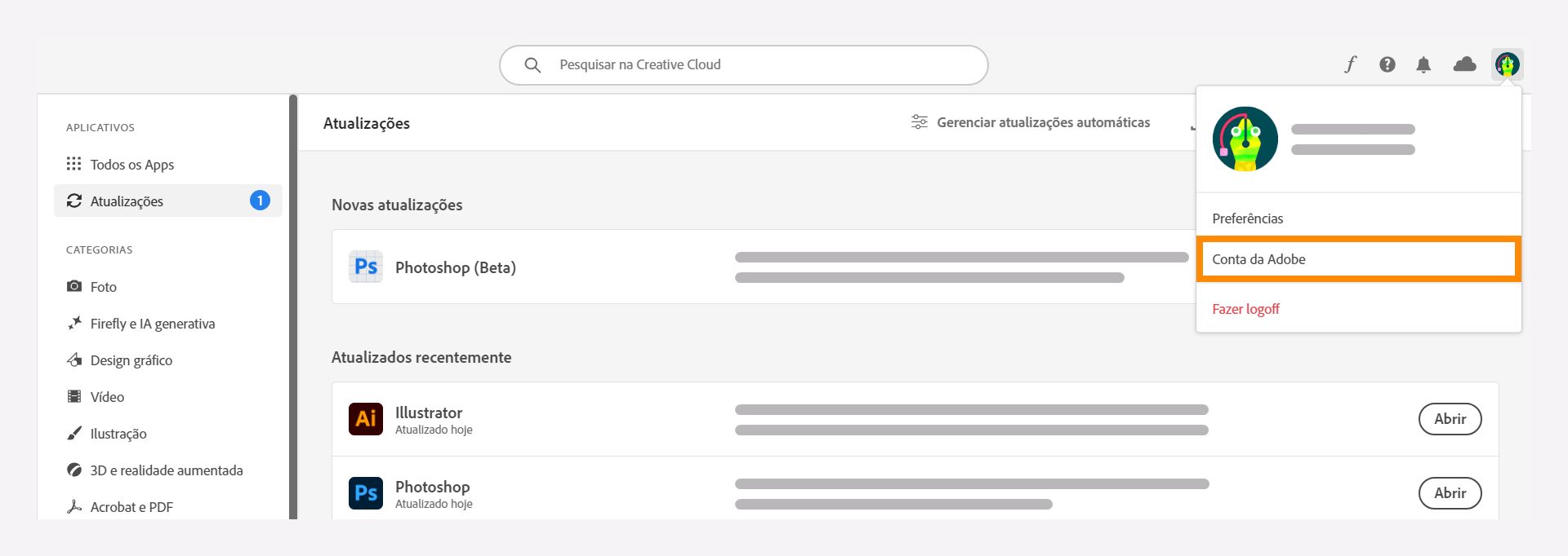 Selecione a opção Conta da Adobe no aplicativo de desktop Creative Cloud.