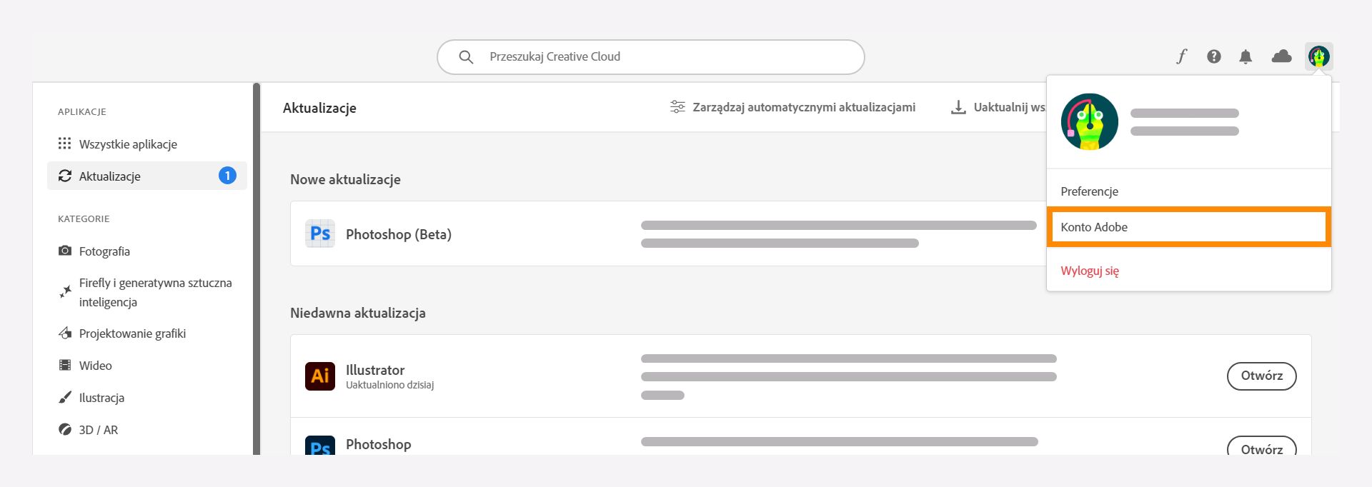 Wybierz opcję konto Adobe w aplikacji Creative Cloud na komputer.