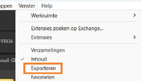 Het deelvenster Exporteren selecteren via de Vensteroptie in de menubalk