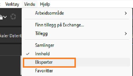 Velg Eksport-panelet fra Vindu-alternativet i menylinjen