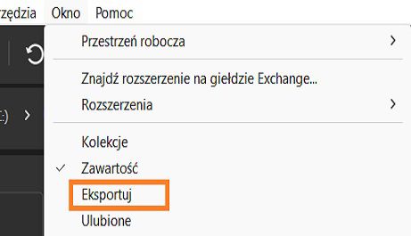 Wybierz panel Eksportuj z opcji Okna na pasku menu