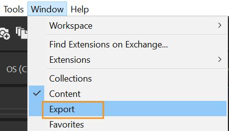 Select export panel from Window option in the menu bar