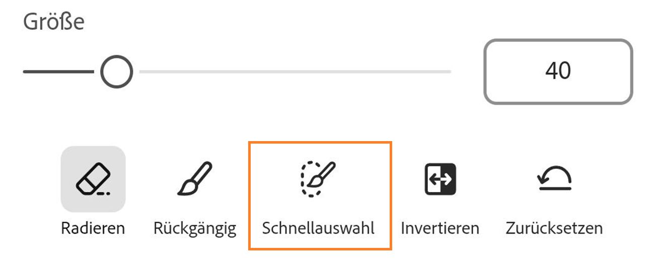 Wähle das Schnellauswahl-Symbol neben dem Wiederherstellen-Symbol und unter dem Größenregler aus. 