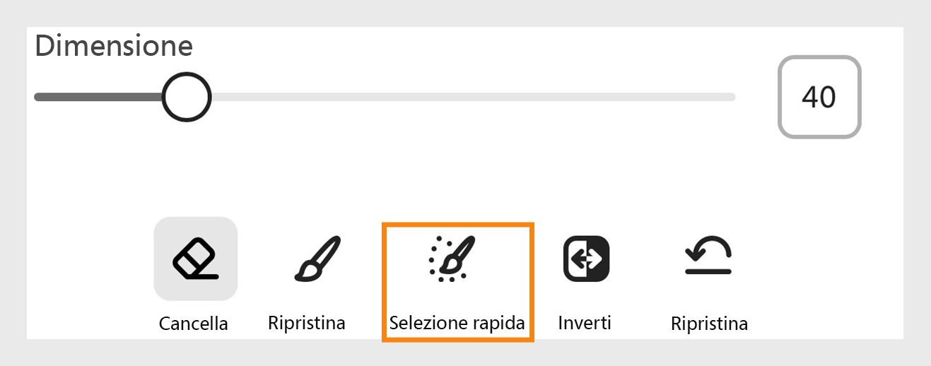 Seleziona l’icona Selezione rapida accanto all’icona Ripristina e sotto il ridimensionatore Dimensioni. 