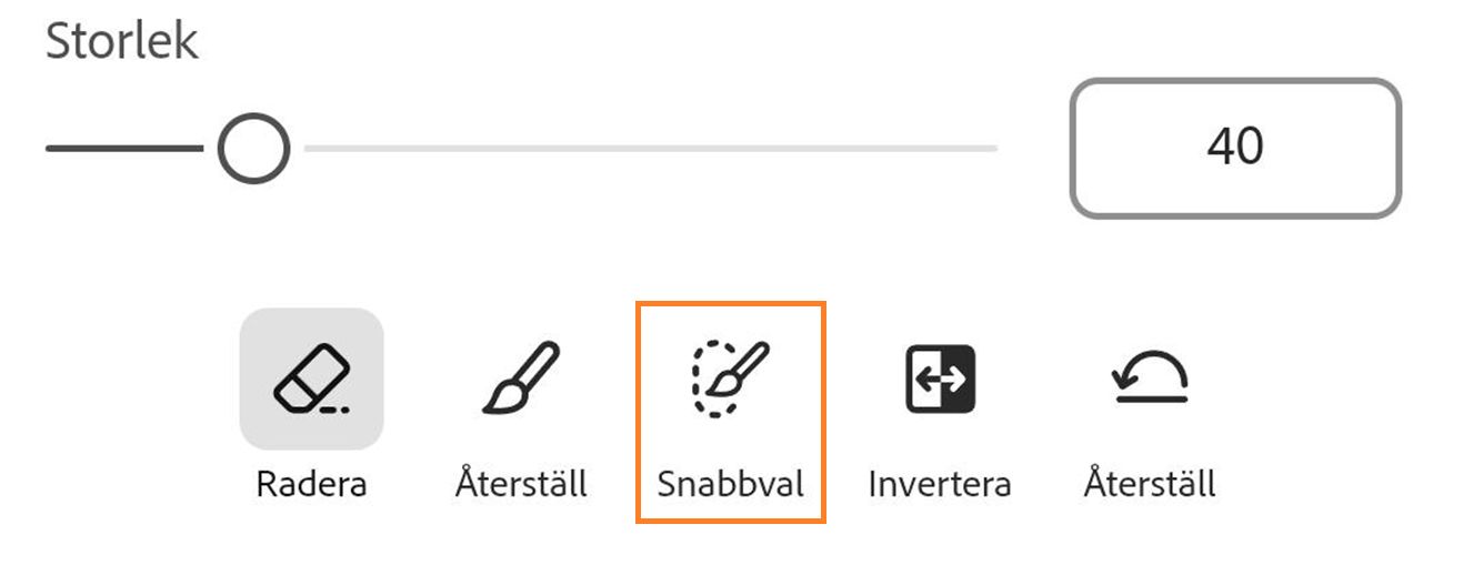Välj ikonen Snabbmarkering bredvid ikonen Återställ och under storleksändraren. 