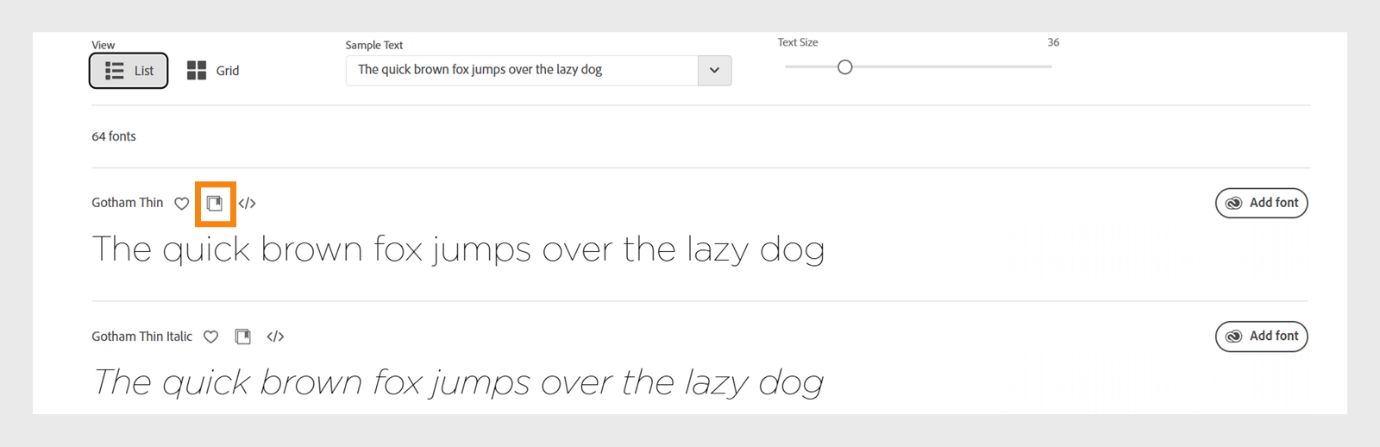 Chọn biểu tượng Lưu vào Thư viện ở góc trên cùng bên trái của phông chữ riêng lẻ, cạnh biểu tượng hình trái tim. 