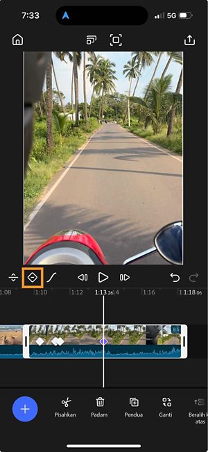 Bingkai kekunci terpilih ditunjukkan pada garis masa dengan pilihan padam bingkai kekunci diserlahkan.