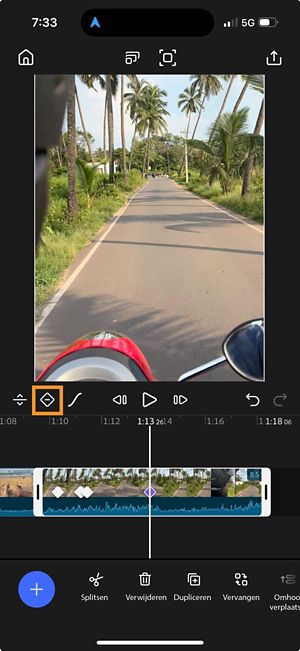 Geselecteerde keyframe weergegeven op de tijdlijn met de optie keyframe verwijderen gemarkeerd.
