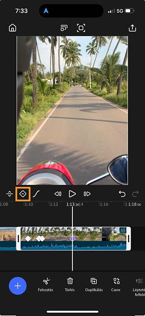 A kiválasztott kulcsképkocka látható az idővonalon a delete kulcsképkocka opció kiemelésével.