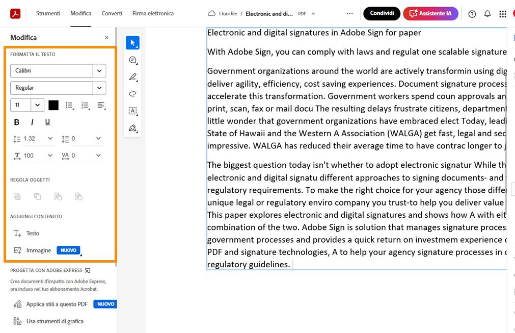Il testo selezionato nel file PDF presenta un menu a comparsa con strumenti di modifica rapida. Il riquadro Modifica a sinistra è evidenziato. 