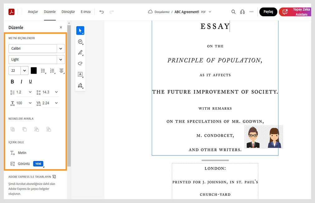 PDF dosyasındaki seçili metin, Hızlı düzenleme araçlarını içeren bir açılır menü görüntüler. Soldaki Düzenle bölmesi vurgulanır. 