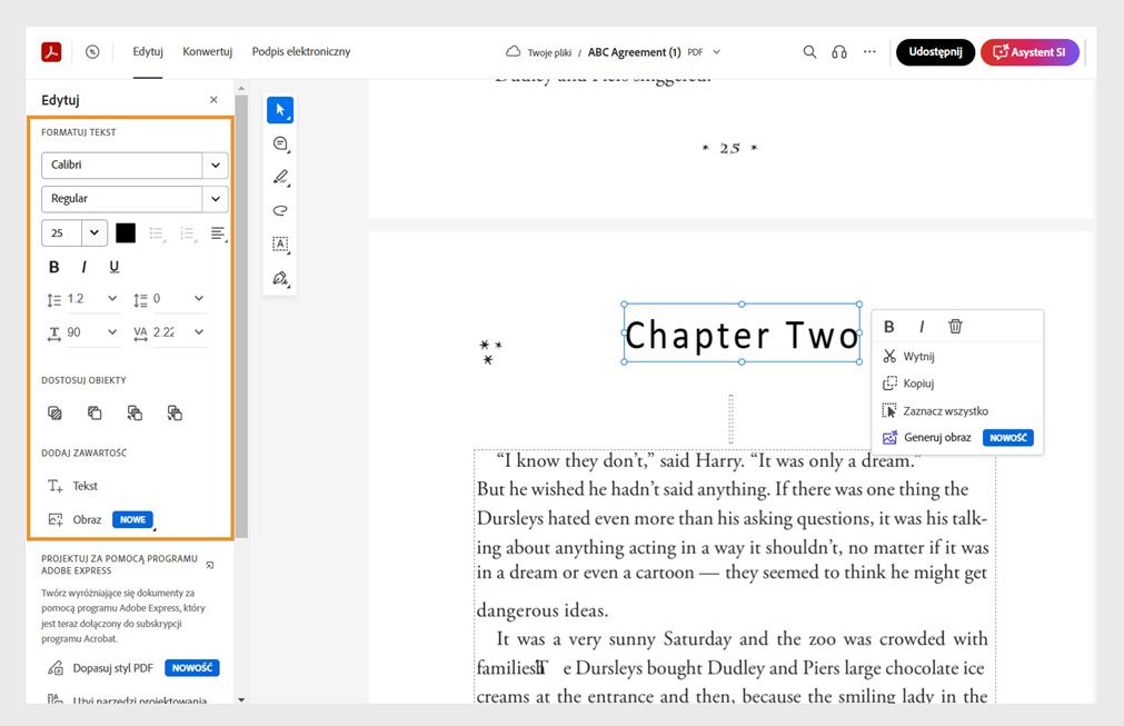 Zaznaczony tekst w pliku PDF wyświetla menu podręczne z narzędziami szybkiej edycji. Panel edycji po lewej stronie jest podświetlony. 