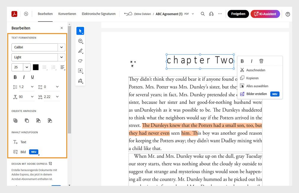 Bei ausgewähltem Text in der PDF-Datei wird ein Popup-Menü mit Tools zur schnellen Bearbeitung angezeigt. Der Bearbeitungsbereich auf der linken Seite ist hervorgehoben. 
