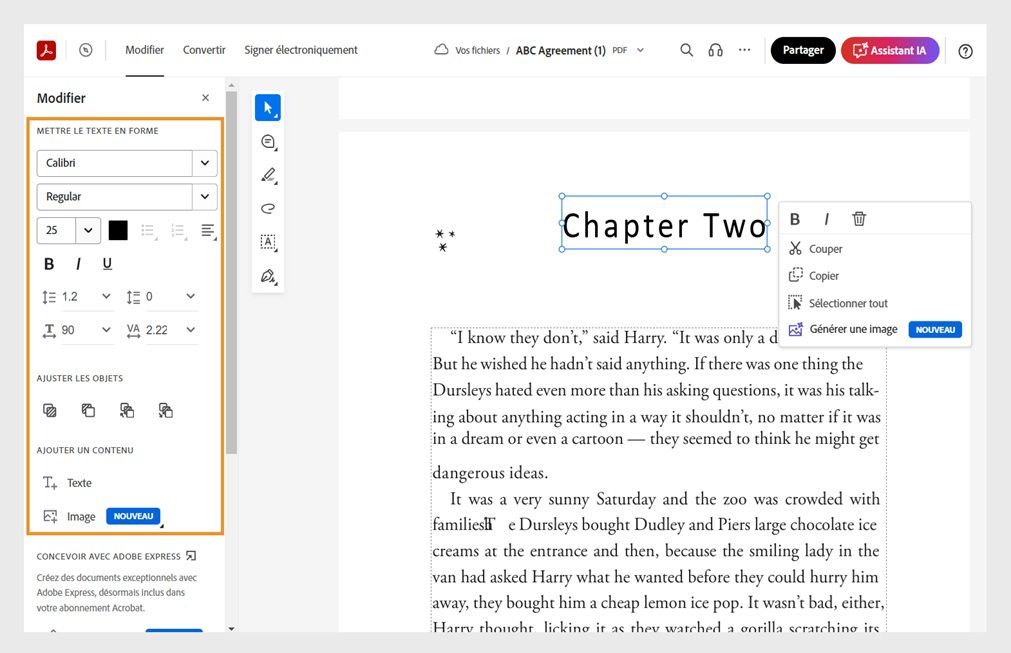 Le texte sélectionné dans le fichier PDF affiche un menu contextuel qui comprend des outils de modification rapide. Le panneau Modifier sur la gauche est mis en évidence. 