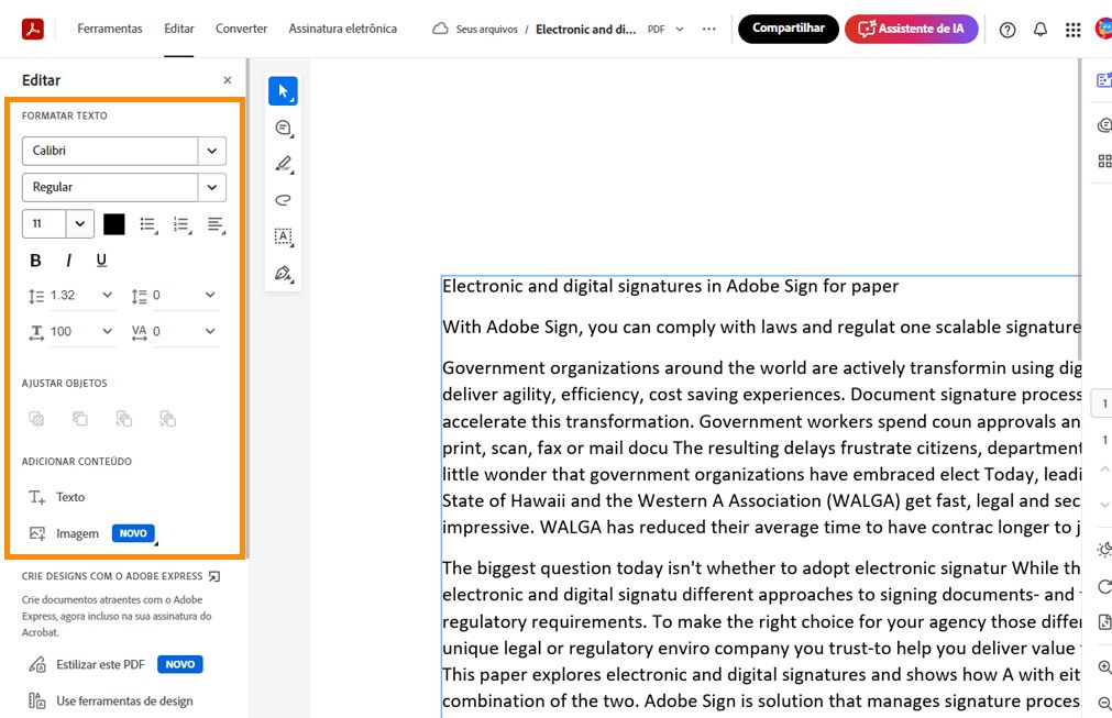 O texto selecionado no arquivo PDF exibindo um menu pop-up com ferramentas de edição rápida. O painel Editar à esquerda está destacado. 