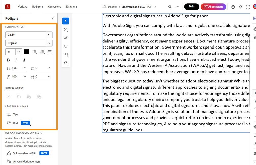 Markerad text i PDF-filen visar en popup-meny med snabbredigeringsverktyg. Redigeringspanelen till vänster är markerad. 