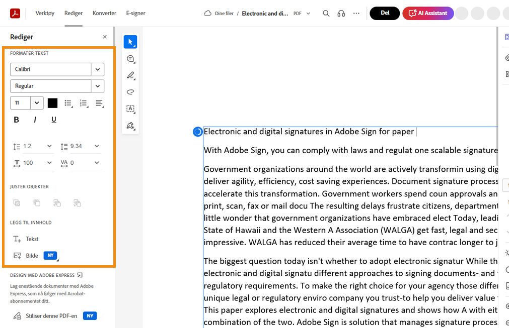 Merket tekst i PDF-filen viser en hurtigmeny med hurtigredigeringsverktøy. Redigeringsruten til venstre er uthevet. 