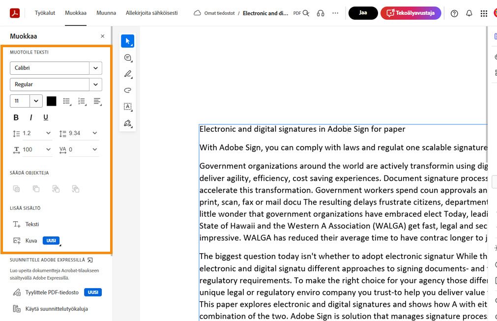 PDF-tiedoston valittu teksti näyttää ponnahdusvalikon pikamuokkaustyökaluilla. Vasemmalla oleva muokkausruutu on korostettu. 