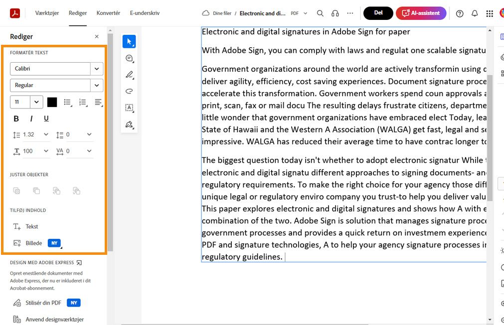 Markeret tekst i PDF-filen viser en pop op-menu med hurtige redigeringsværktøjer. Ruden Rediger til venstre fremhæves. 