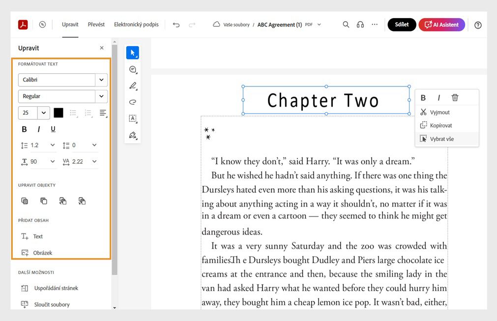 Vybraný text v souboru PDF zobrazí vyskakovací nabídku s nástroji pro rychlé úpravy. Podokno Upravit vlevo je zvýrazněno. 