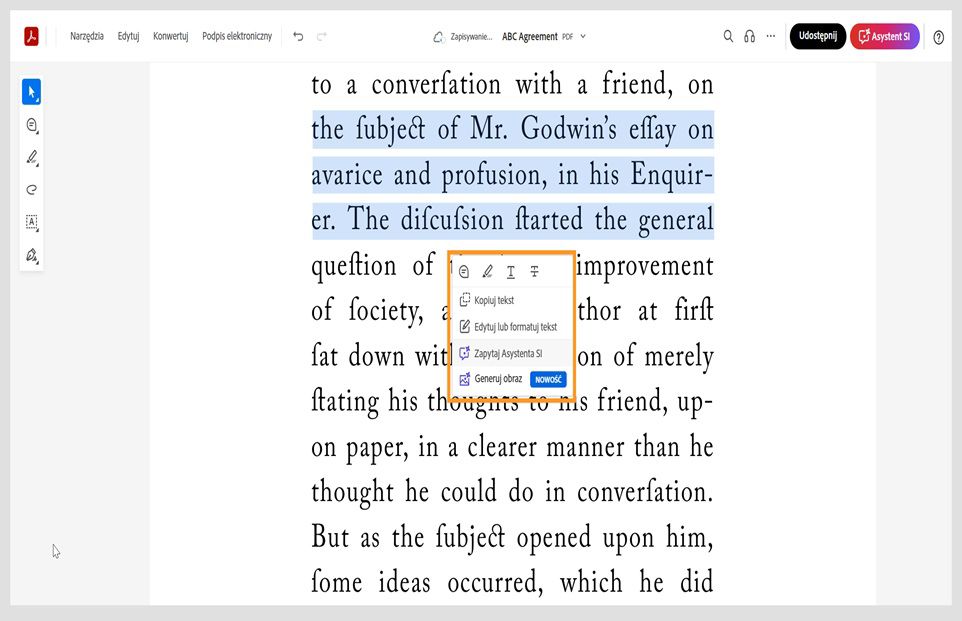 Wybrany tekst wyświetla menu kontekstowe z narzędziami do kopiowania, edytowania, formatowania, podświetlania, przekreślania lub podkreślania wybranego tekstu. 
