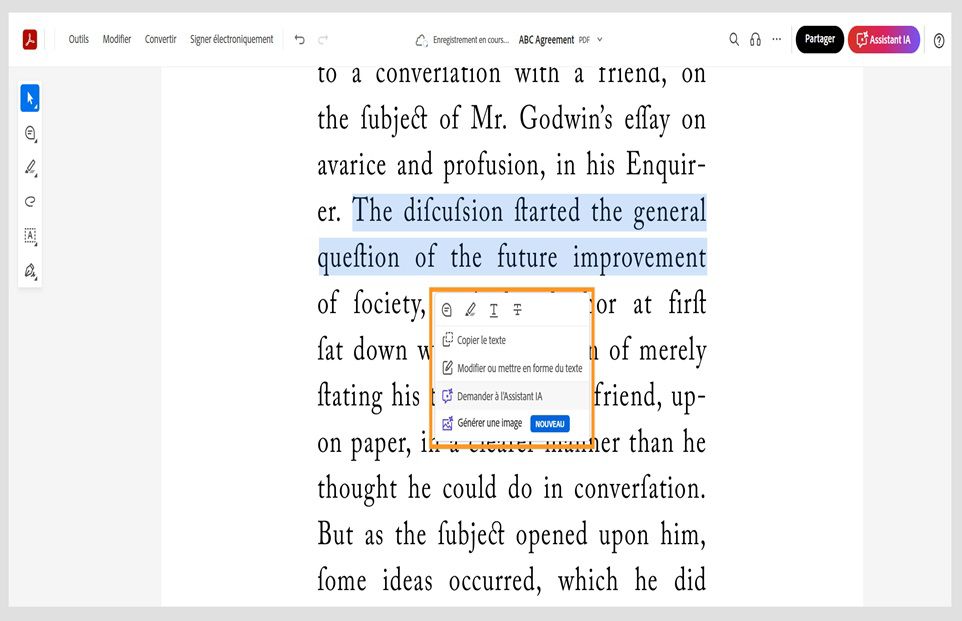 Le texte sélectionné affiche le menu contextuel avec les outils permettant de copier, de modifier, de mettre en forme, de surligner, de barrer ou de souligner le texte sélectionné. 