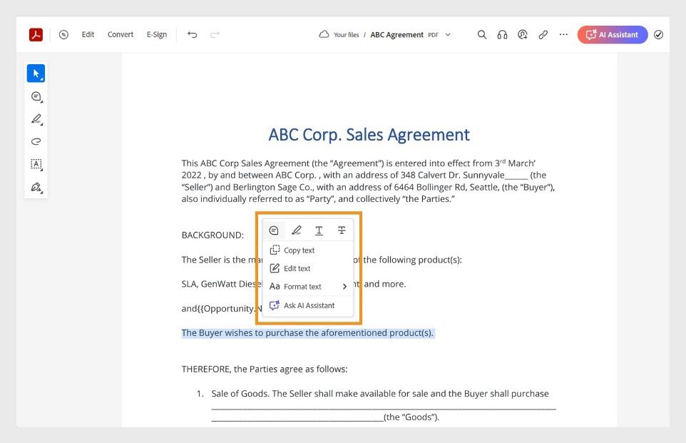 Nagpapakita ang napiling text ng Context menu na may mga tool para magkopya, mag-edit, mag-format, mag-highlight, mag-strikethrough, o mag-underline ng napiling text. 