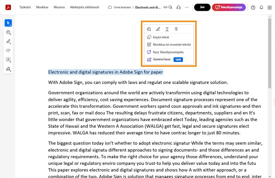 Valittu teksti näyttää kontekstivalikon, jossa on työkaluja, joilla voit kopioida, muokata, muotoilla, korostaa, yliviivata tai alleviivata valitun tekstin. 