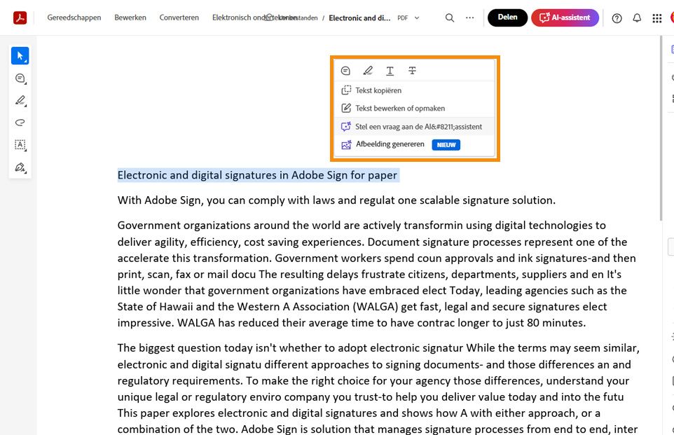 Geselecteerde tekst geeft contextmenu weer met tools om de geselecteerde tekst te kopiëren, te bewerken, op te maken, te markeren, door te halen of te onderstrepen. 