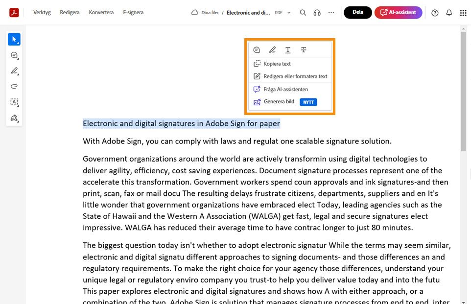 Markerad text visar en kontextmeny med verktyg för att kopiera, redigera, formatera, markera, genomstryka eller understryka den markerade texten. 