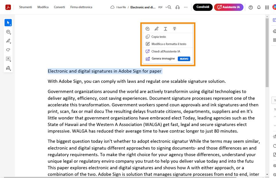 Testo selezionato che mostra il menu di scelta rapida con strumenti per copiare, modificare, formattare, evidenziare, barrare o sottolineare il testo. 