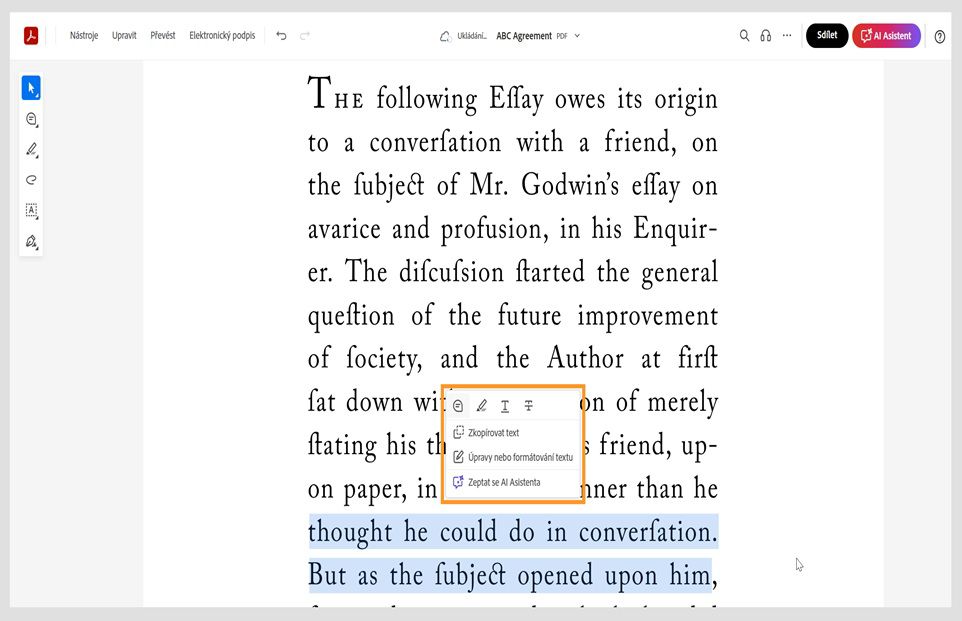 Vybraný text zobrazuje kontextovou nabídku s nástroji pro kopírování, úpravy, formátování, zvýraznění, přeškrtnutí nebo podtržení vybraného textu. 