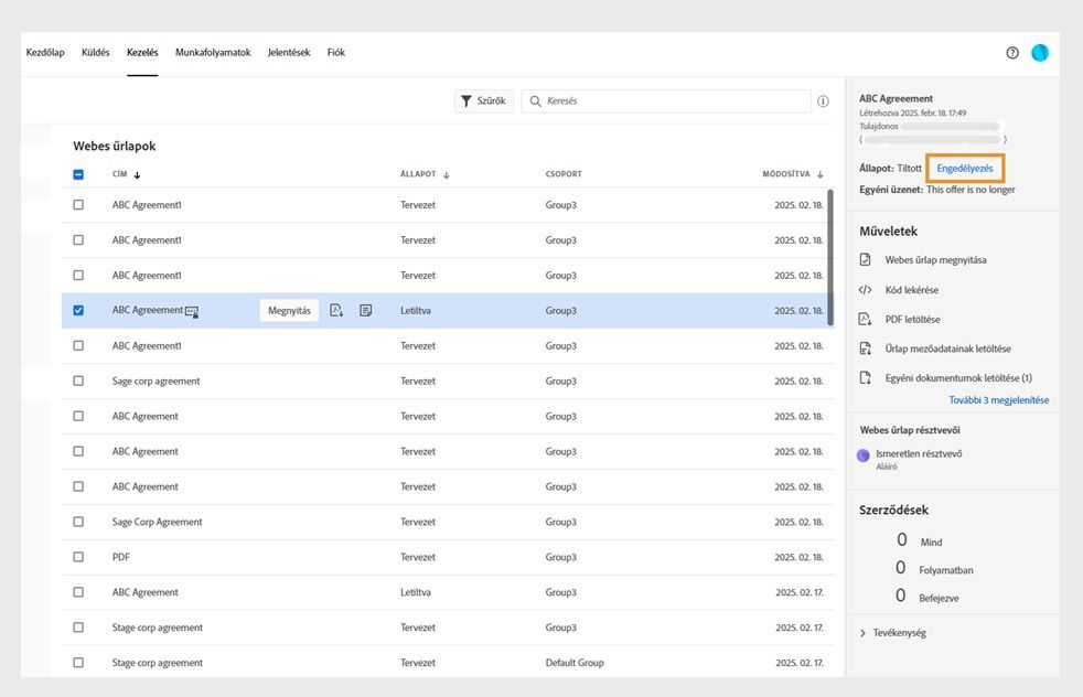 Egy letiltott webes űrlap kiválasztásával a jobb oldali ablaktáblában megjelennek a webes űrlap adatai. Az „Engedélyezés” gomb ki van emelve. 