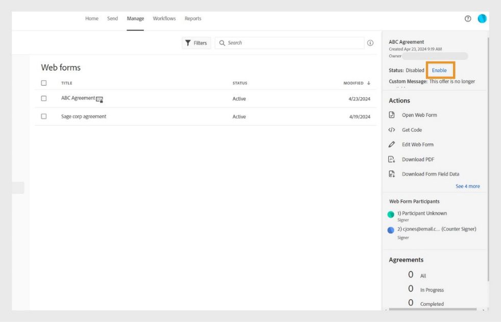 בחירת טופס אינטרנט מושבת מציגה את פרטיו בחלונית הימנית. הלחצן ‘הפעל’ מסומן. 