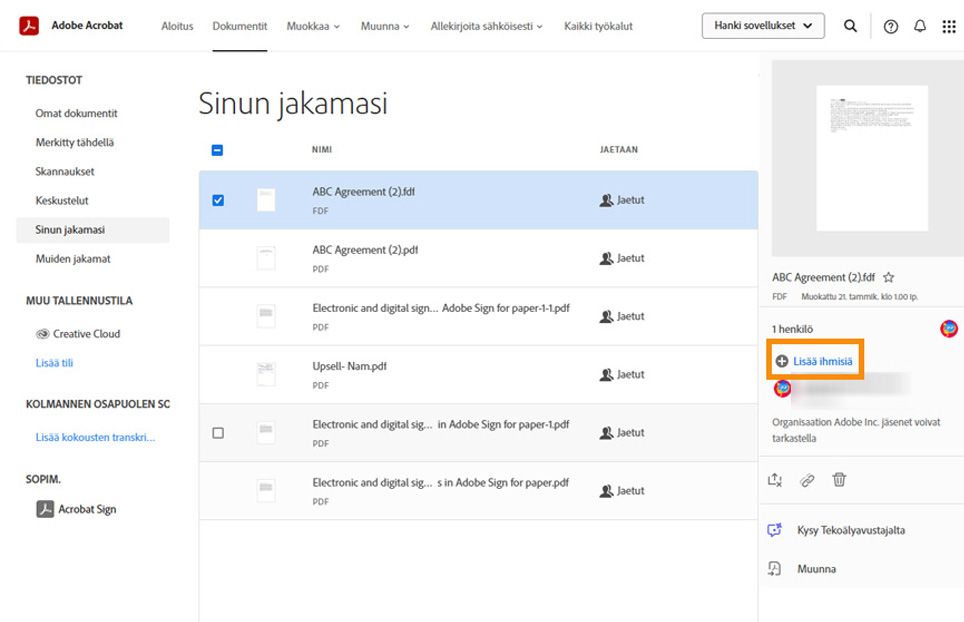Kun valitset asiakirjan luettelosta, oikeanpuoleisessa ruudussa näkyy valikko, jossa on vaihtoehtoja lisätä ihmisiä olemassa olevaan asiakirjaan, poistaa tiedoston jakaminen, jakaa linkki tai poistaa jaettu tiedosto.